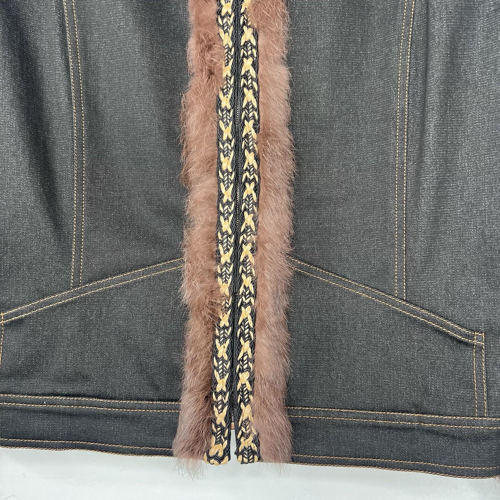 St John Collection Denim Jacket Size 14 Fur Trim Black Woven Raffia Full Zip