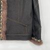 St John Collection Denim Jacket Size 14 Fur Trim Black Woven Raffia Full Zip