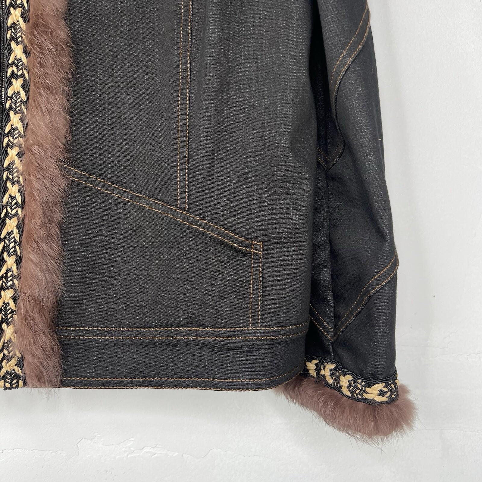 St John Collection Denim Jacket Size 14 Fur Trim Black Woven Raffia Full Zip