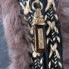 St John Collection Denim Jacket Size 14 Fur Trim Black Woven Raffia Full Zip