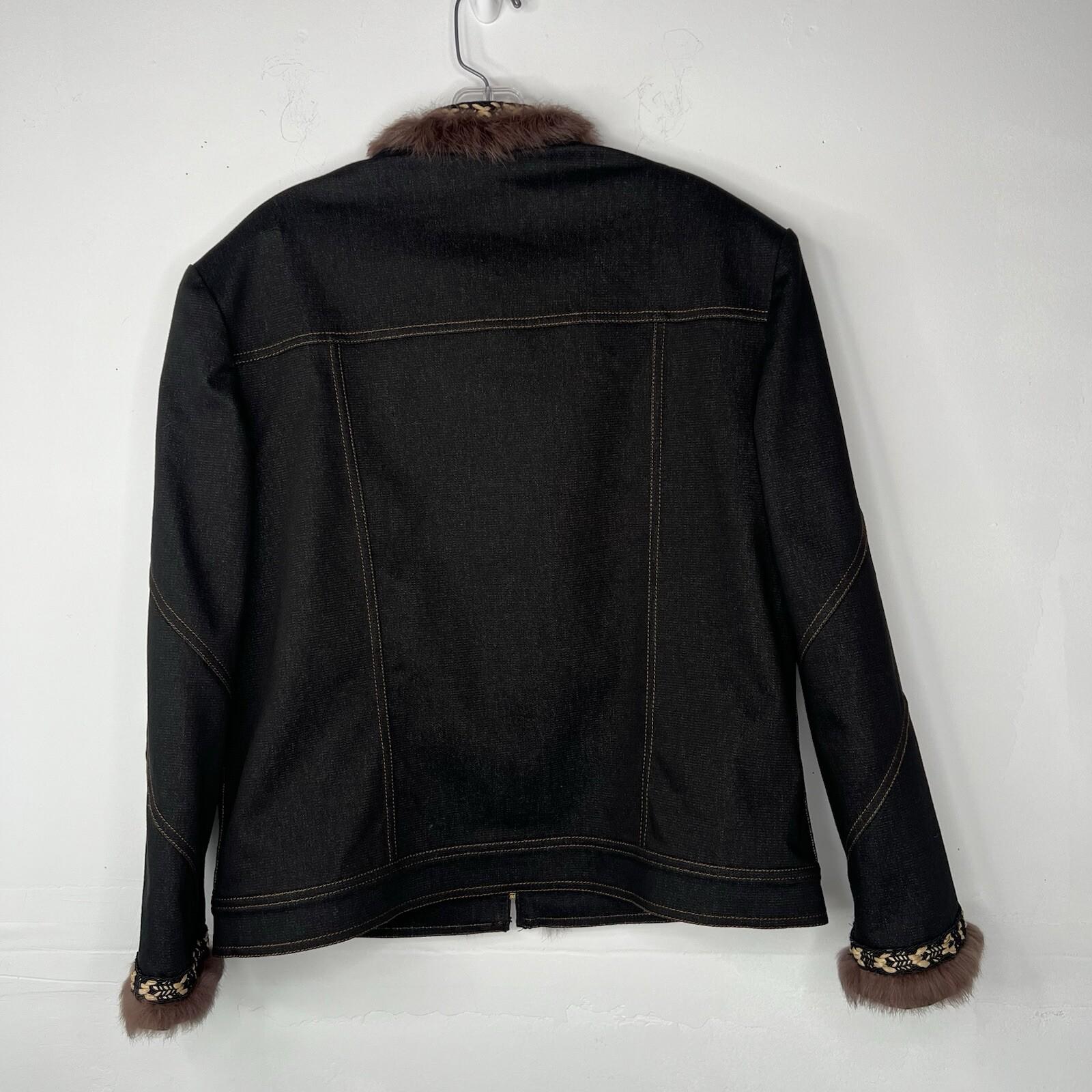 St John Collection Denim Jacket Size 14 Fur Trim Black Woven Raffia Full Zip