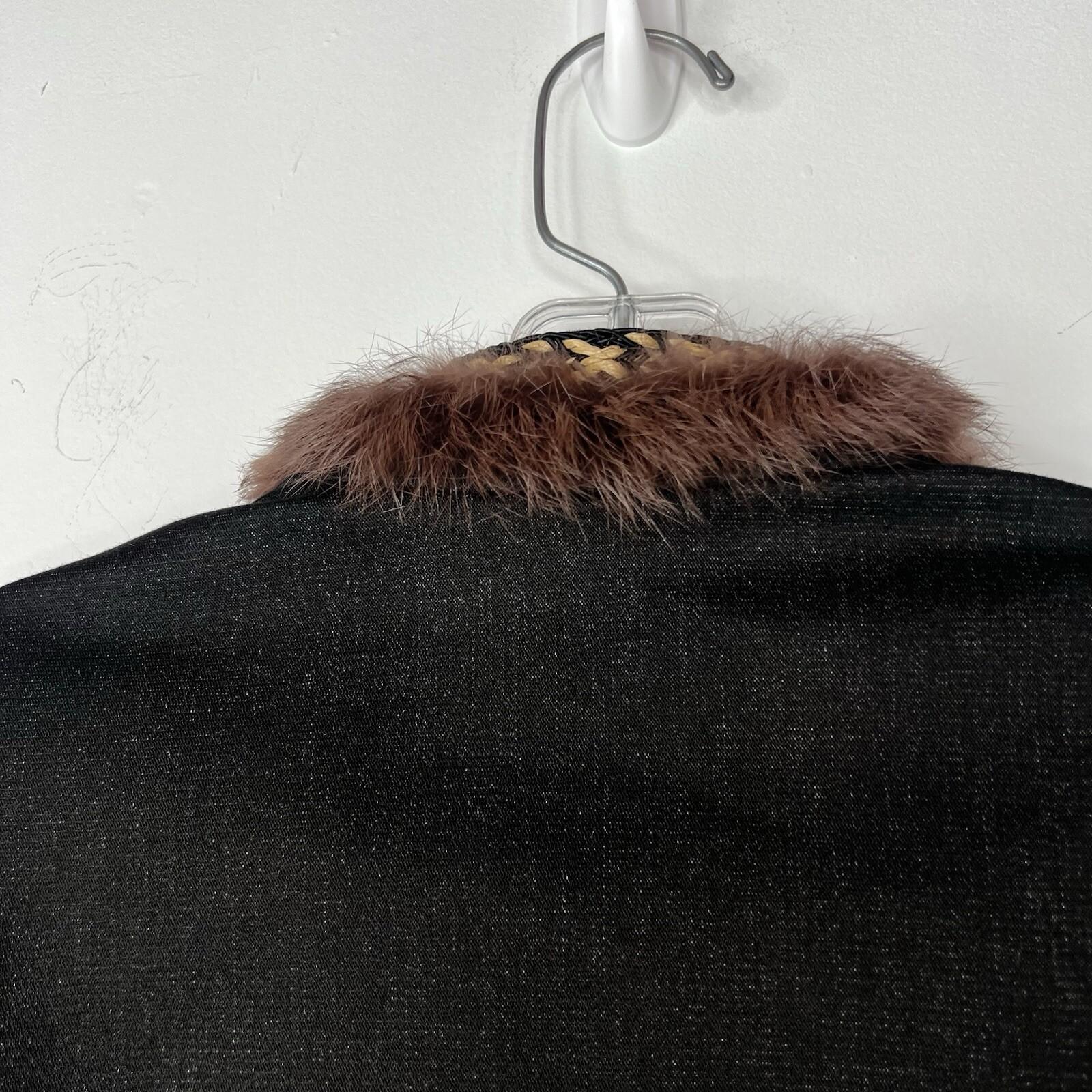 St John Collection Denim Jacket Size 14 Fur Trim Black Woven Raffia Full Zip