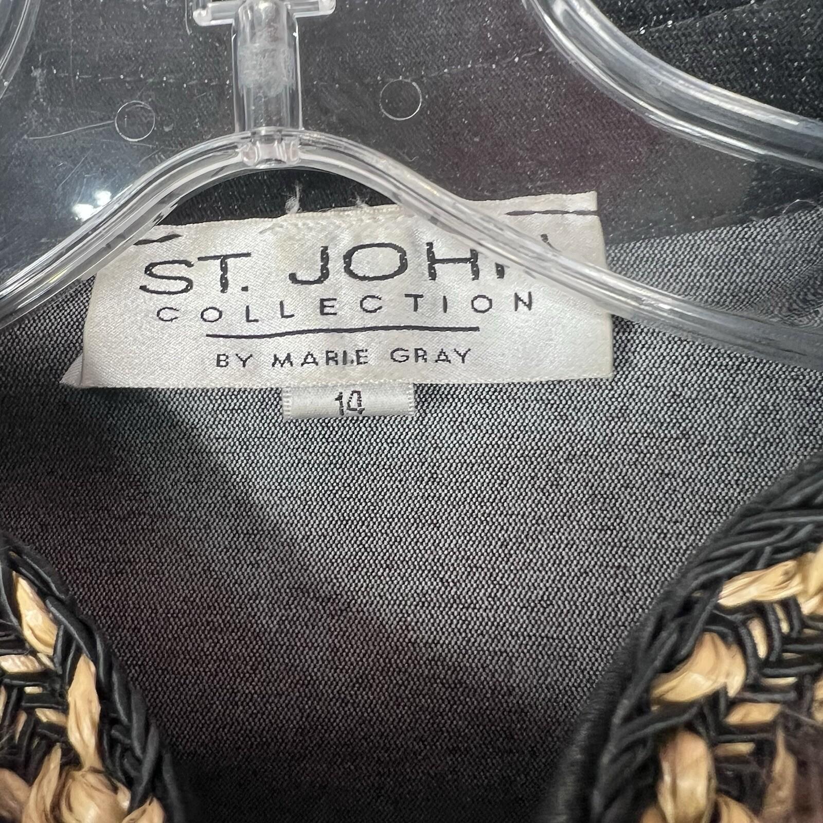 St John Collection Denim Jacket Size 14 Fur Trim Black Woven Raffia Full Zip