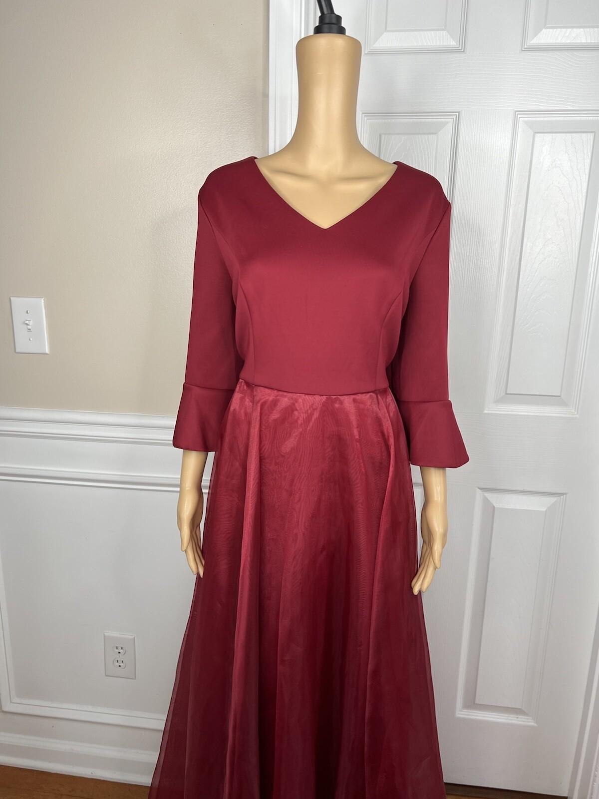 10-98.jpg Terramina NY Polyester Dress 12 Maroon Fit Flare Formal Party Maxi Bell Sleeves