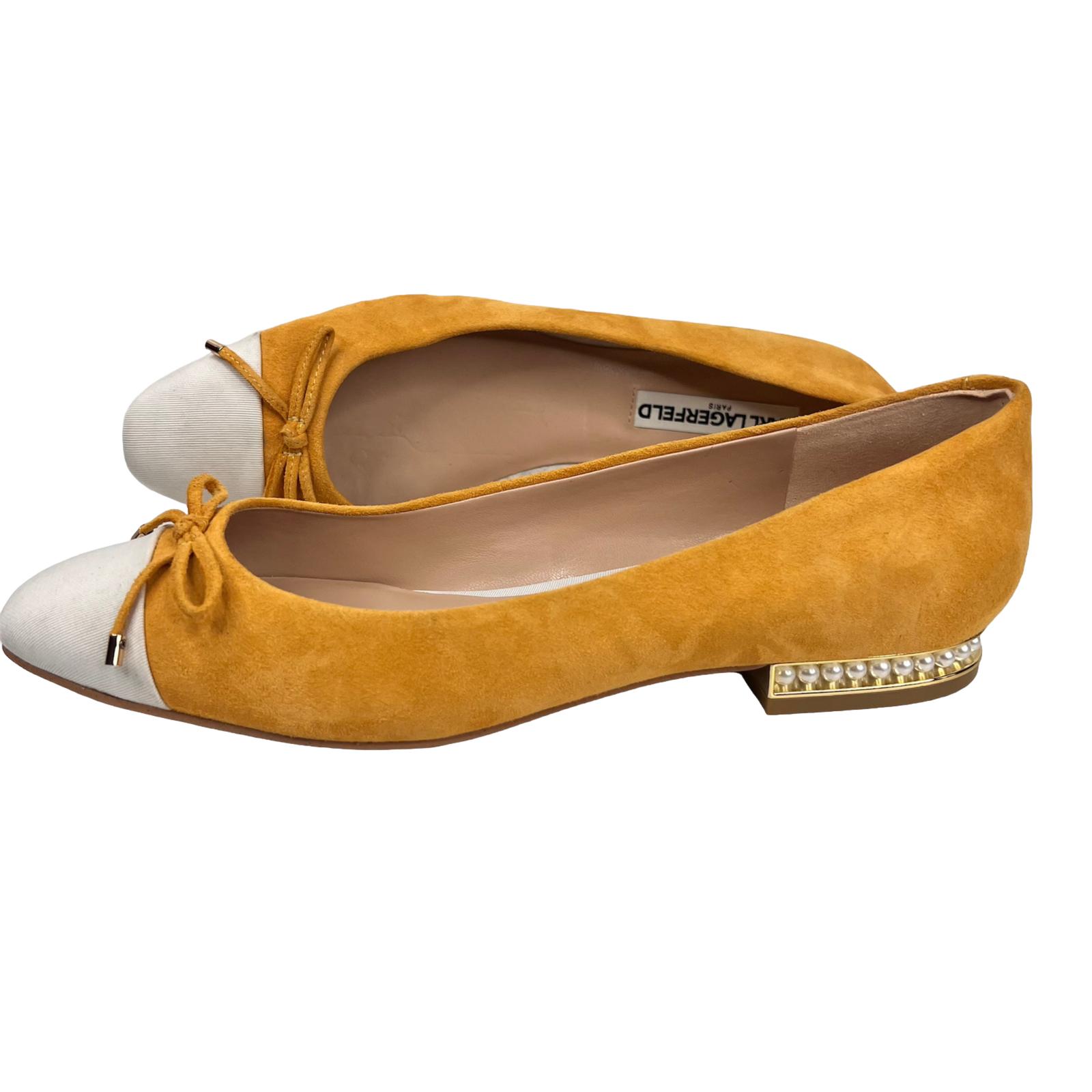 Karl Lagerfeld Women Leather Suede Shoes Size 8.5M Honey White Embellished Flat