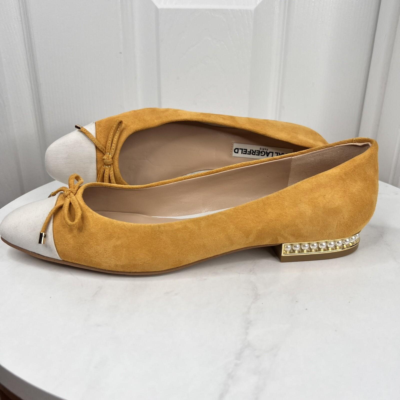 Karl Lagerfeld Women Leather Suede Shoes Size 8.5M Honey White Embellished Flat