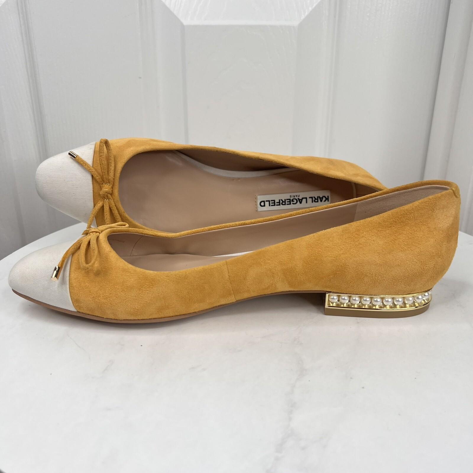 Karl Lagerfeld Women Leather Suede Shoes Size 8.5M Honey White Embellished Flat