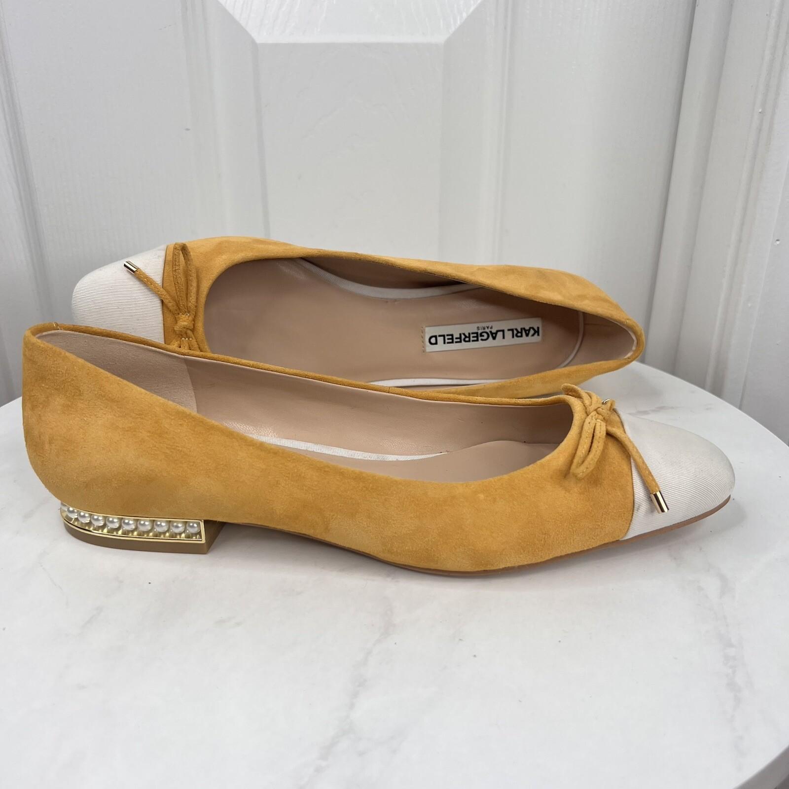 Karl Lagerfeld Women Leather Suede Shoes Size 8.5M Honey White Embellished Flat