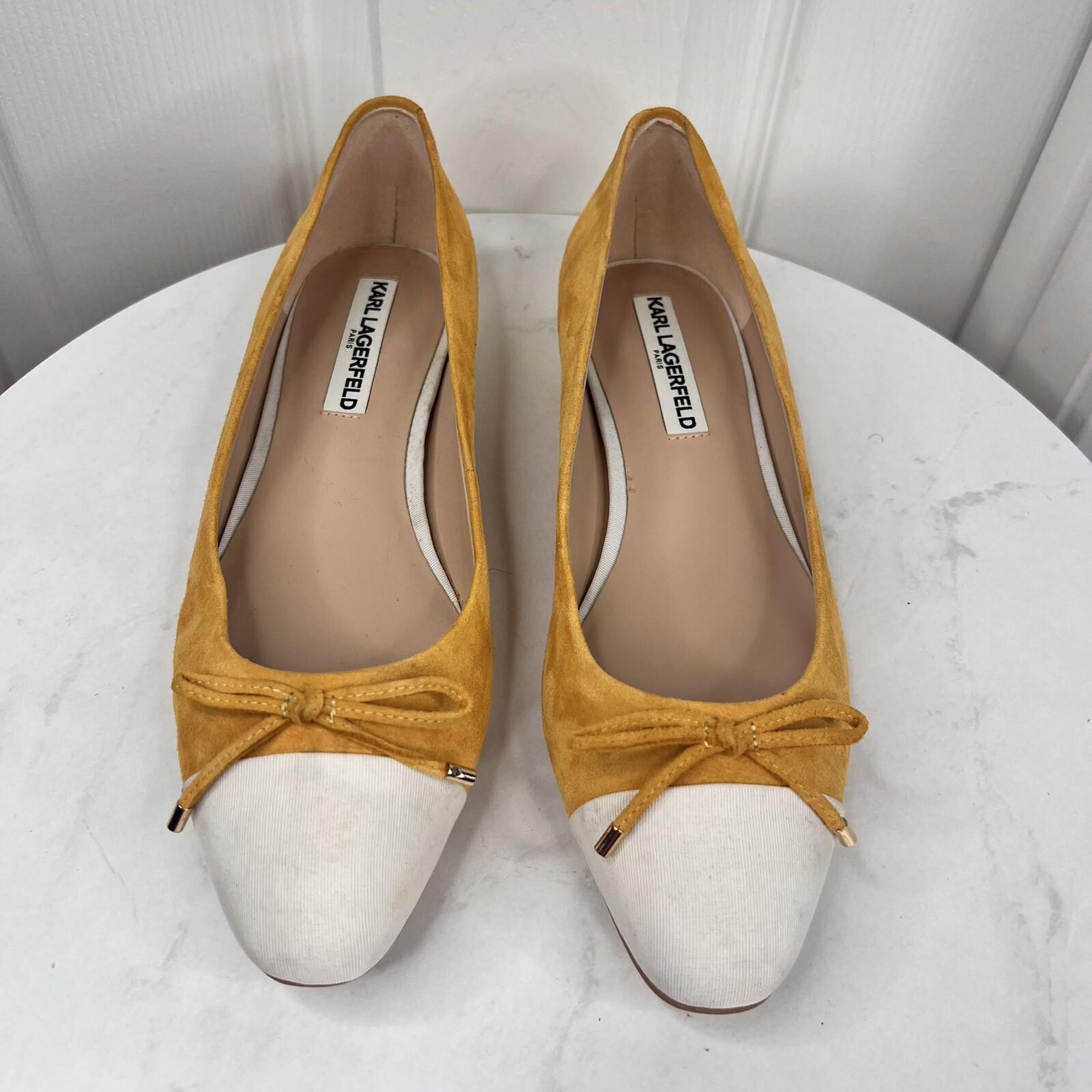 Karl Lagerfeld Women Leather Suede Shoes Size 8.5M Honey White Embellished Flat