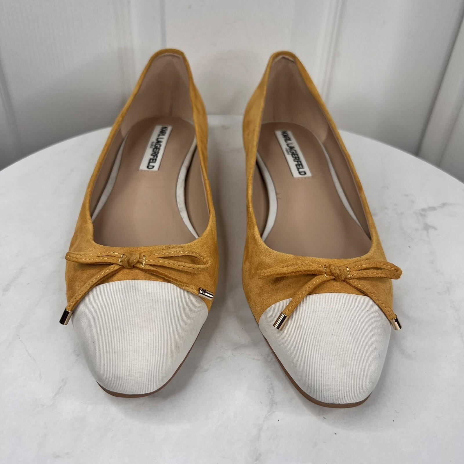 Karl Lagerfeld Women Leather Suede Shoes Size 8.5M Honey White Embellished Flat