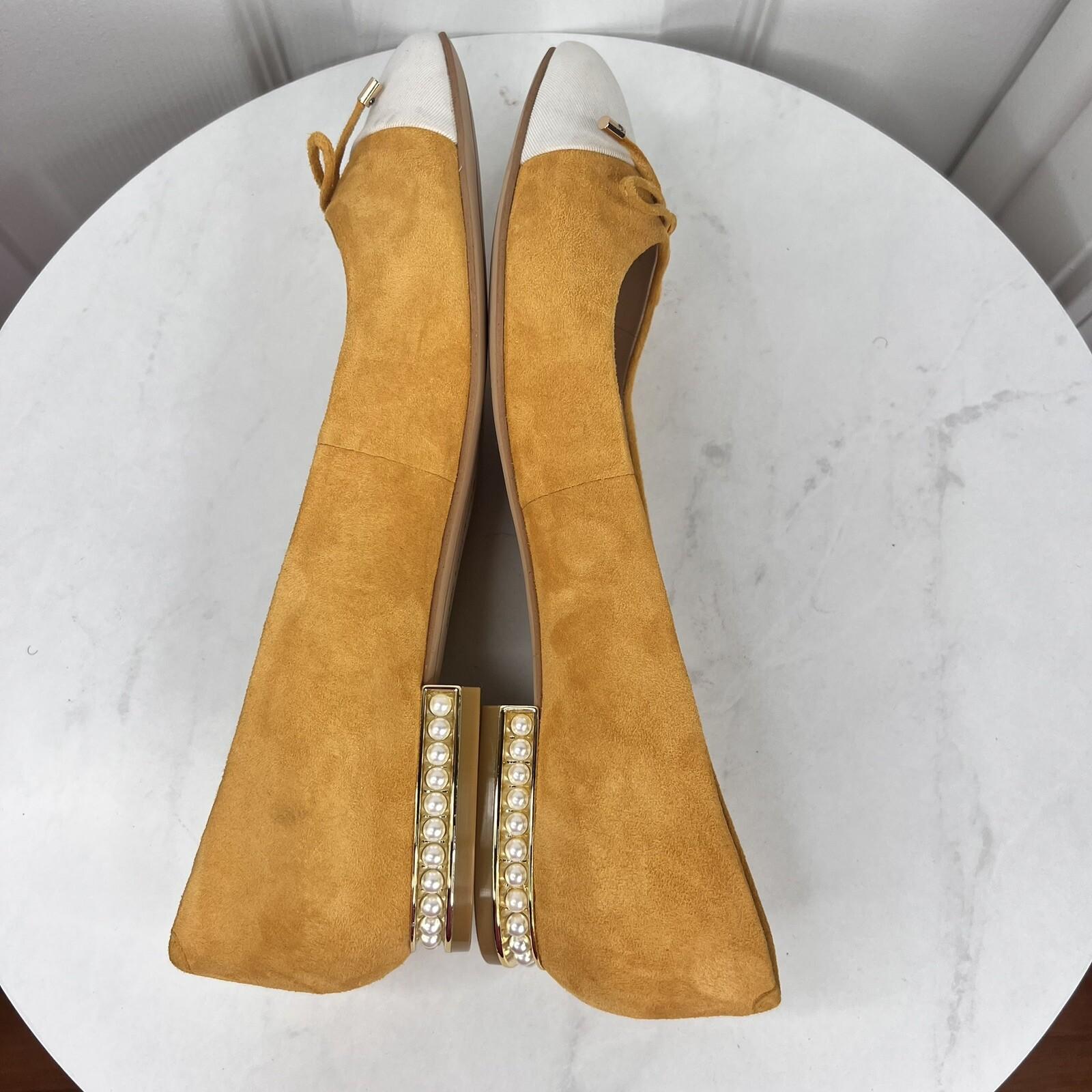 Karl Lagerfeld Women Leather Suede Shoes Size 8.5M Honey White Embellished Flat