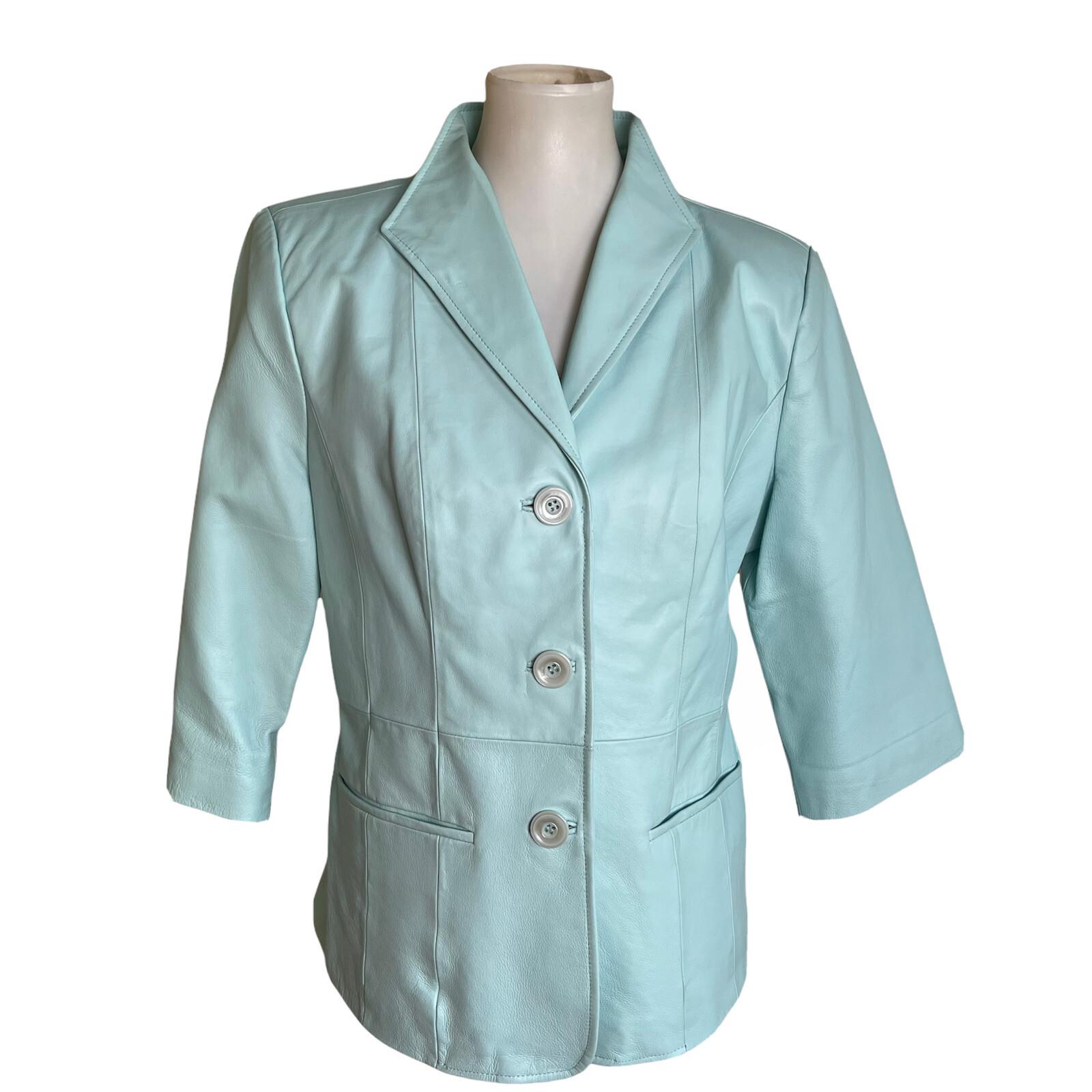 TERRY LEWIS Classic Luxuries Women 3/4 Sleeves Turquoise Leather Jacket Size S