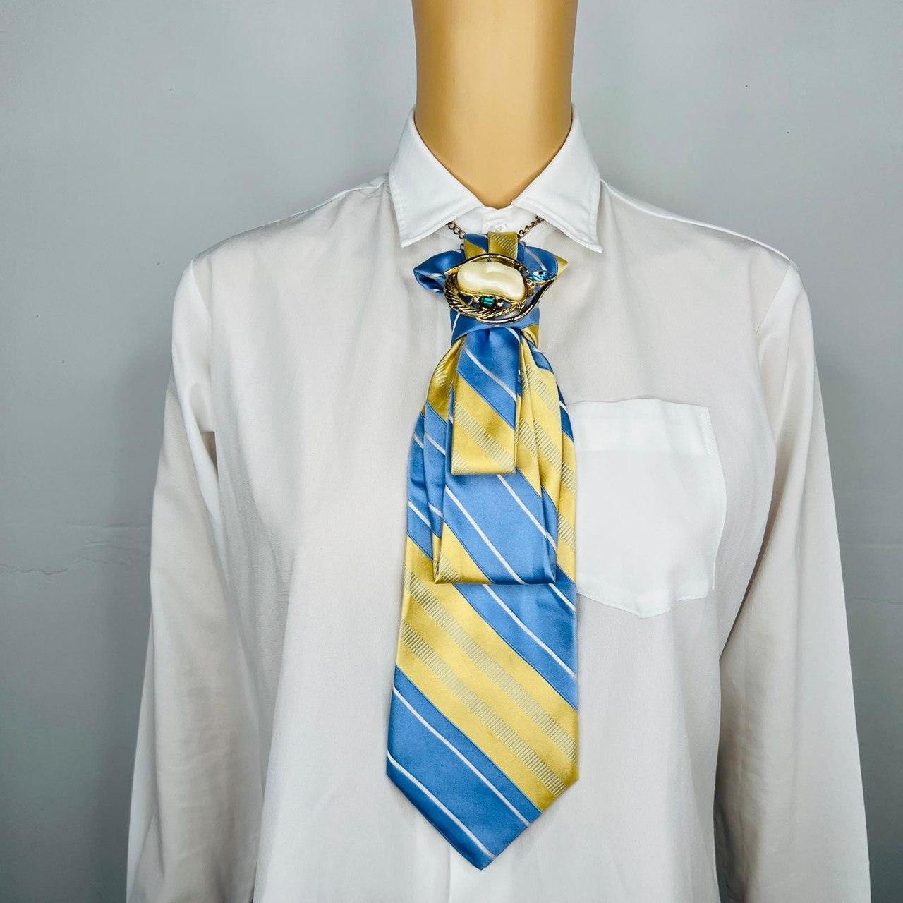 Blue and Yellow Elegant Handcrafted Necktie Necklace with a Detachable Brooch Effortlessly Chic