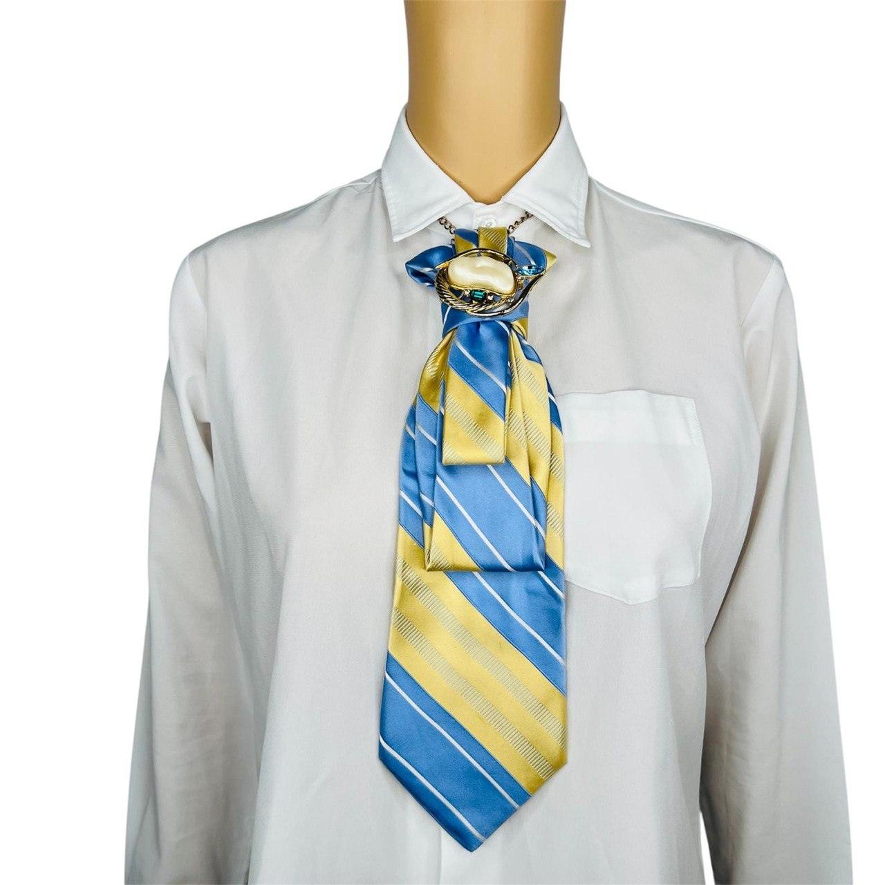 Blue and Yellow Elegant Handcrafted Necktie Necklace with a Detachable Brooch Effortlessly Chic