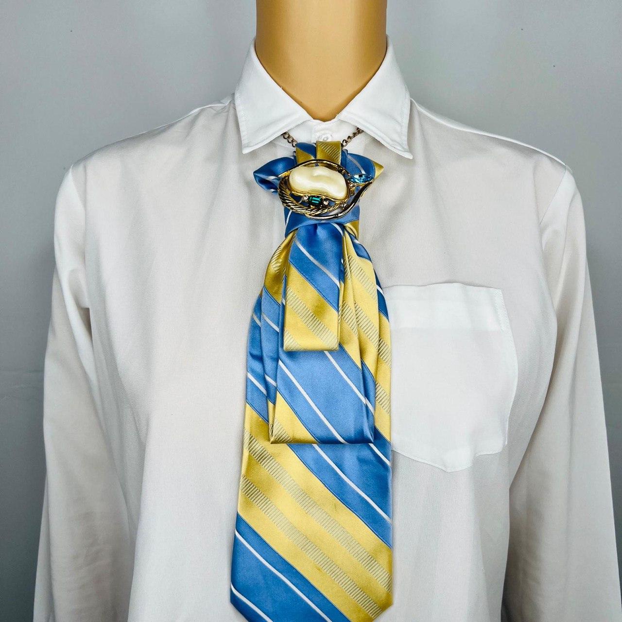 Blue and Yellow Elegant Handcrafted Necktie Necklace with a Detachable Brooch Effortlessly Chic