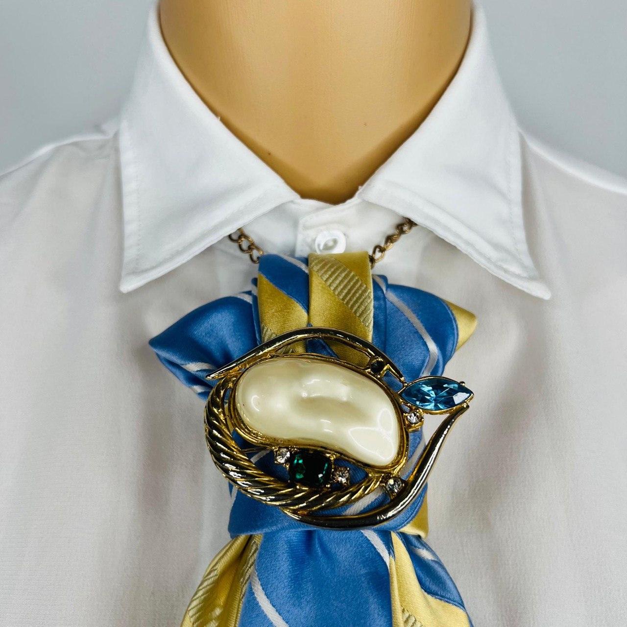Blue and Yellow Elegant Handcrafted Necktie Necklace with a Detachable Brooch Effortlessly Chic