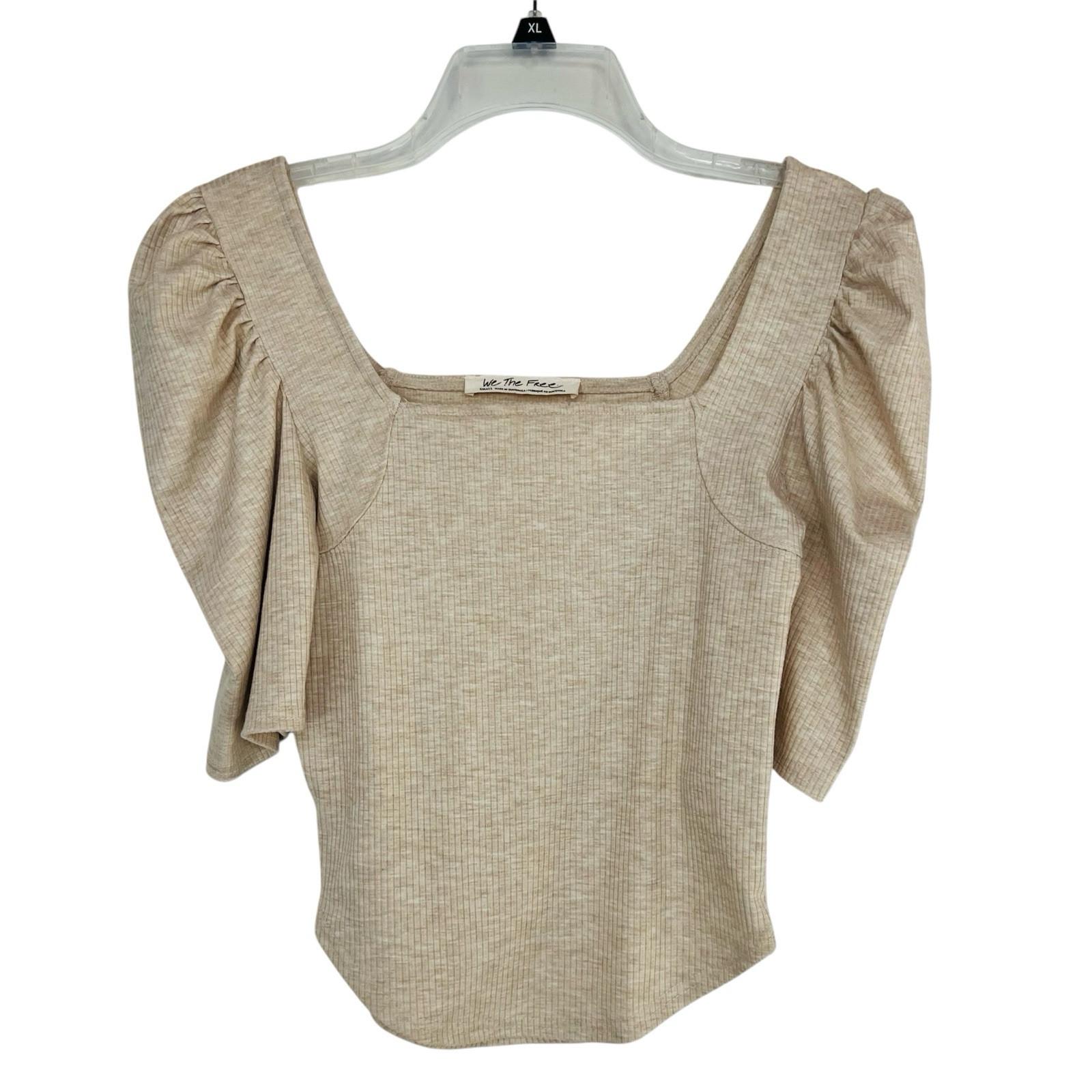 We The Free Knit Stretch Babydoll Top Beige Puff Sleeve Size XS SquareNeck