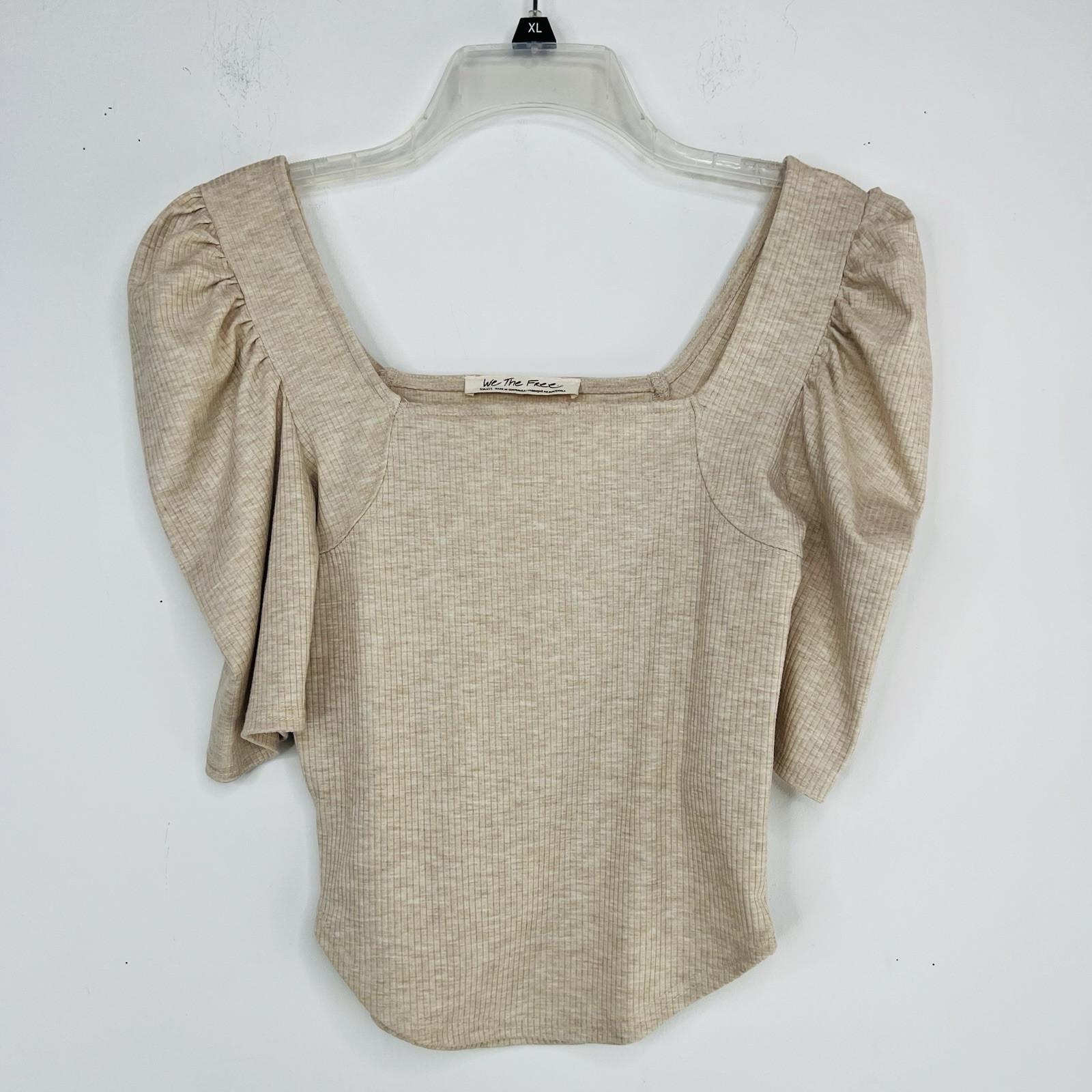 We The Free Knit Stretch Babydoll Top Beige Puff Sleeve Size XS SquareNeck