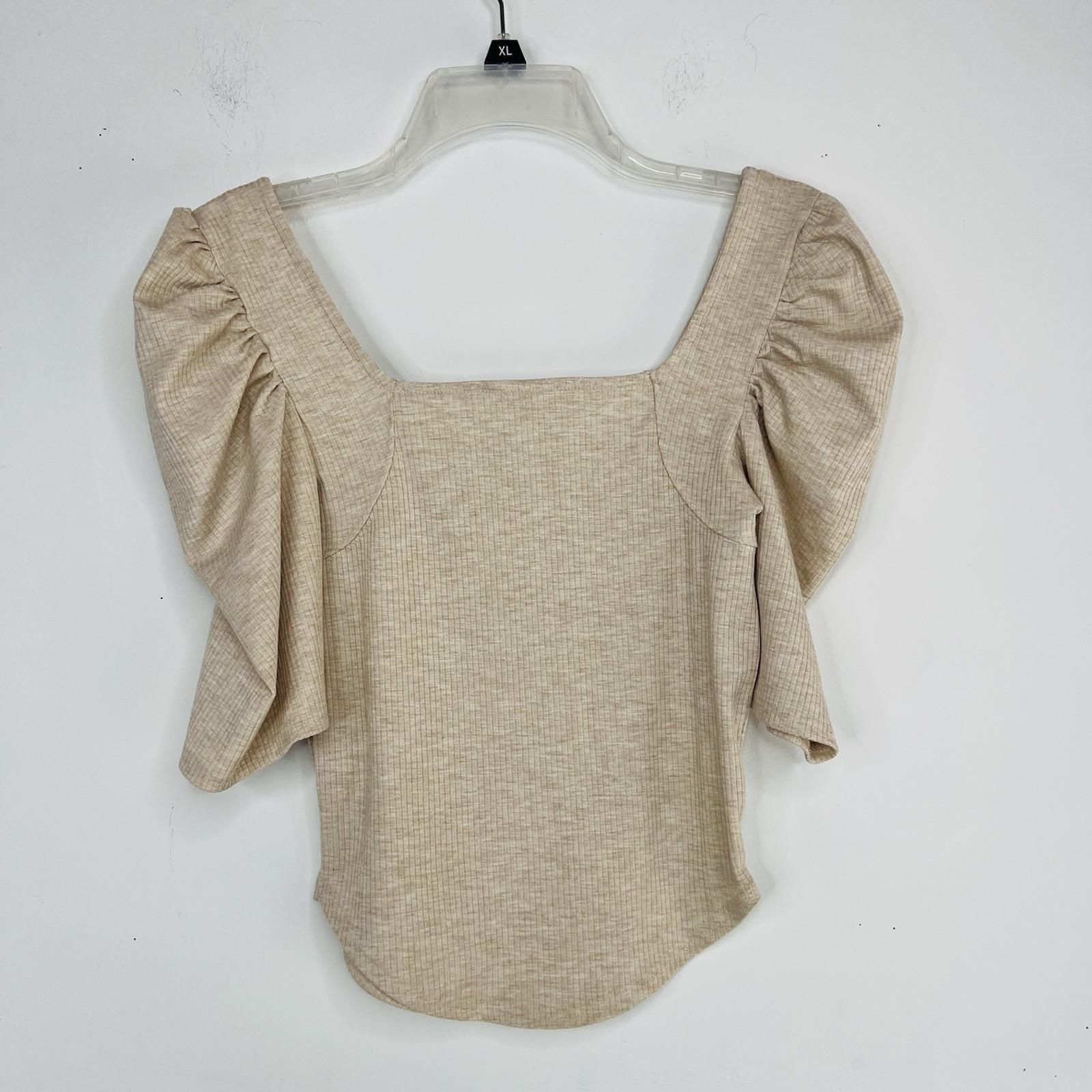 We The Free Knit Stretch Babydoll Top Beige Puff Sleeve Size XS SquareNeck