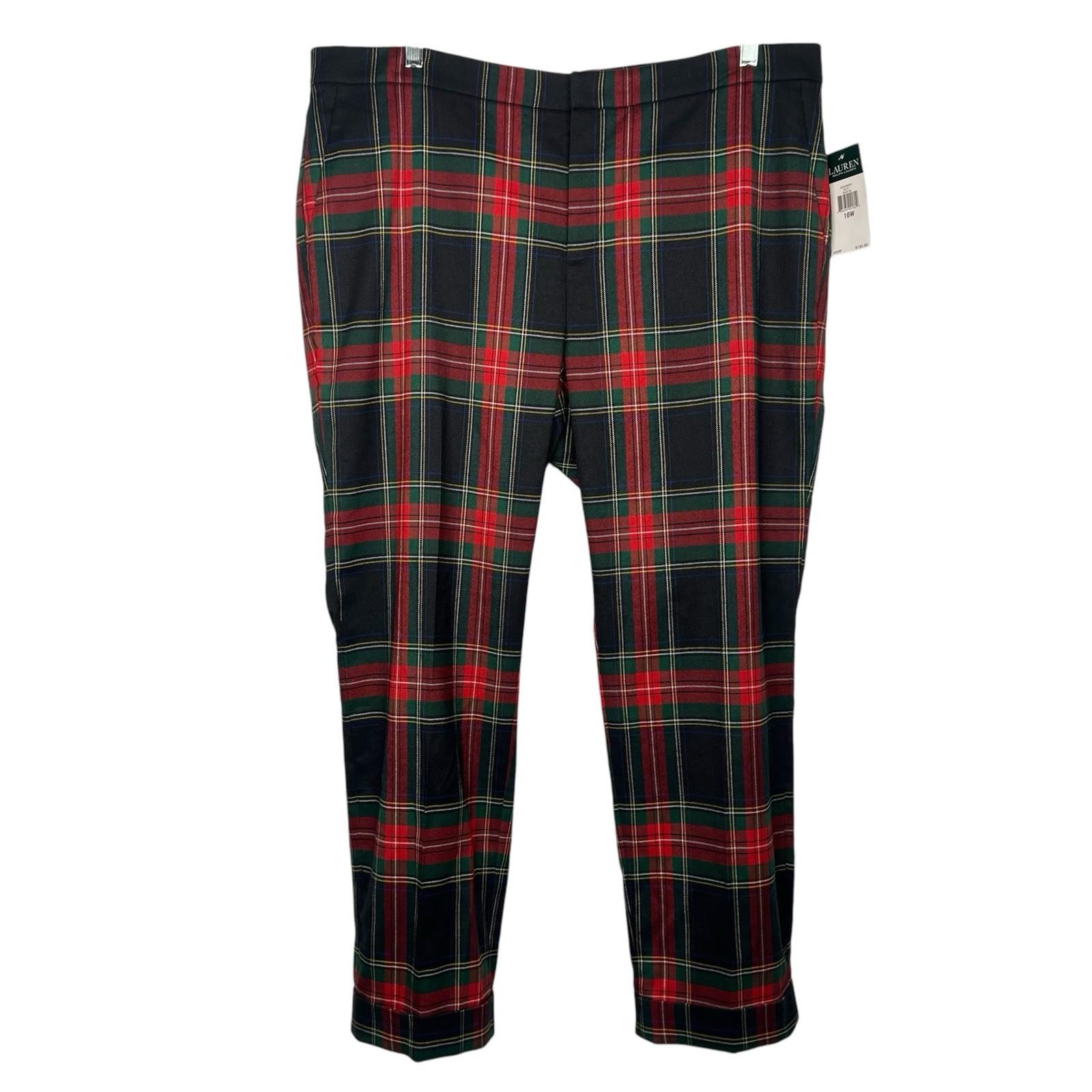 Lauren Ralph Lauren Women Wool Tartan Plaid Pants 16W Cuffed Stretch Slim Fit