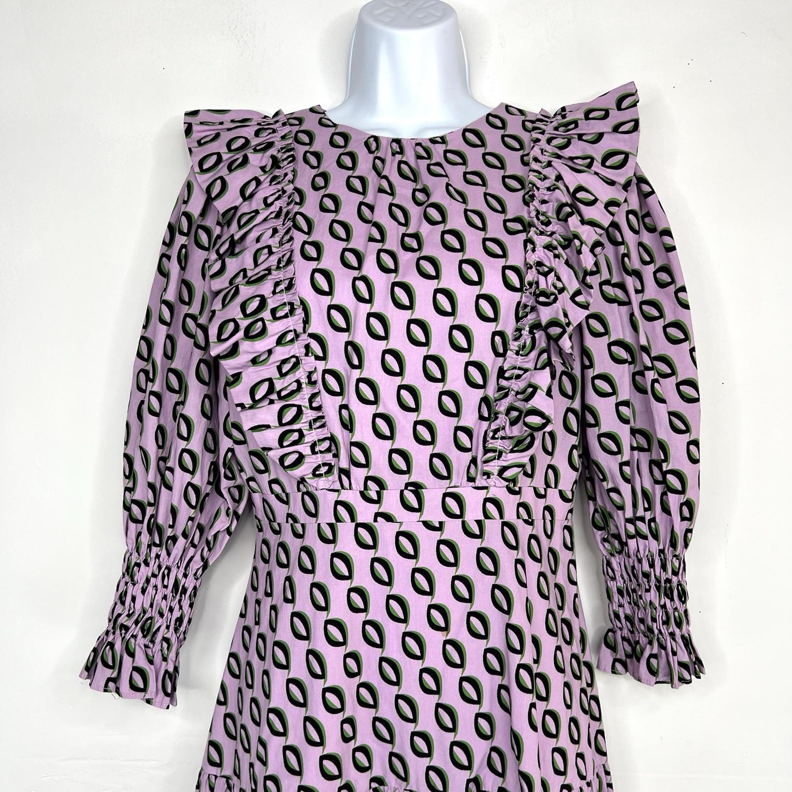 Cynthia Rowley Campbell Ruffle Dress 2 Geometric Puff Sleeves Fitted Waist Zip