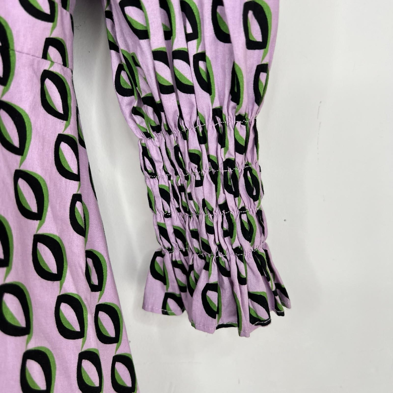 Cynthia Rowley Campbell Ruffle Dress 2 Geometric Puff Sleeves Fitted Waist Zip