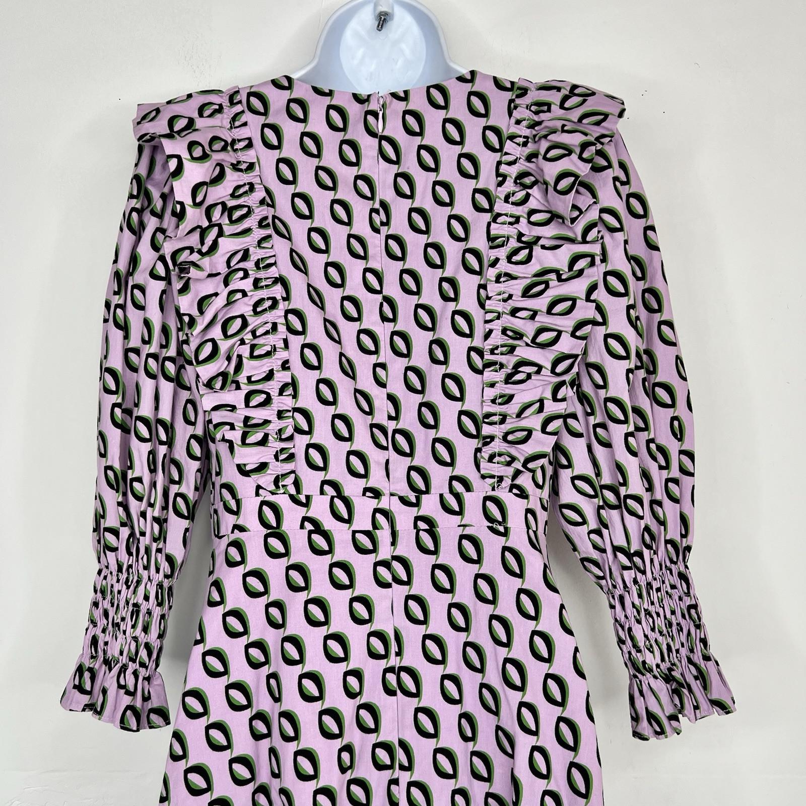 Cynthia Rowley Campbell Ruffle Dress 2 Geometric Puff Sleeves Fitted Waist Zip