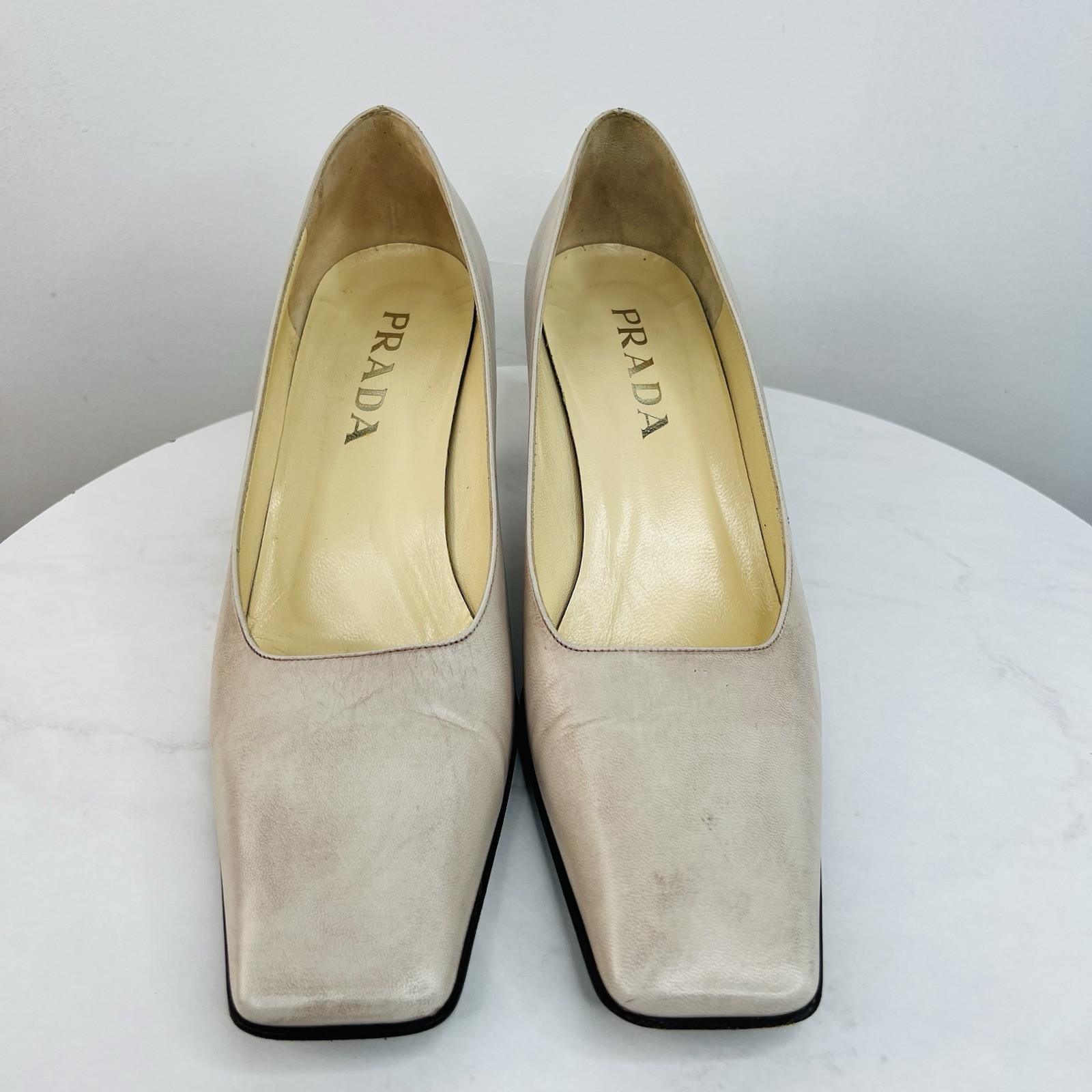 Prada Vintage Leather Square Toe Slip On Taupe Tan Size 38.5 Pumps Old Money