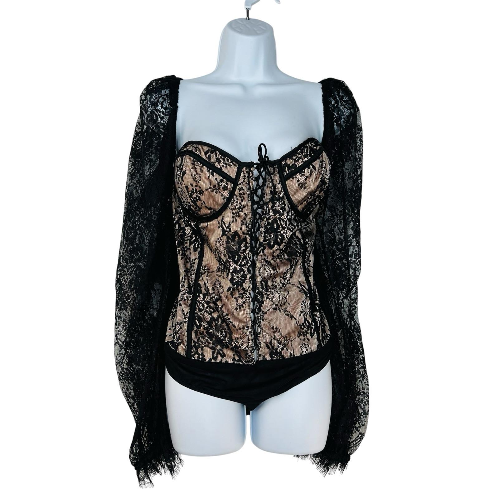 Women Lace Body Suit Corset 2X adjustable Black Long sleeve fairy gothic grunge