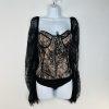 Women Lace Body Suit Corset 2X adjustable Black Long sleeve fairy gothic grunge