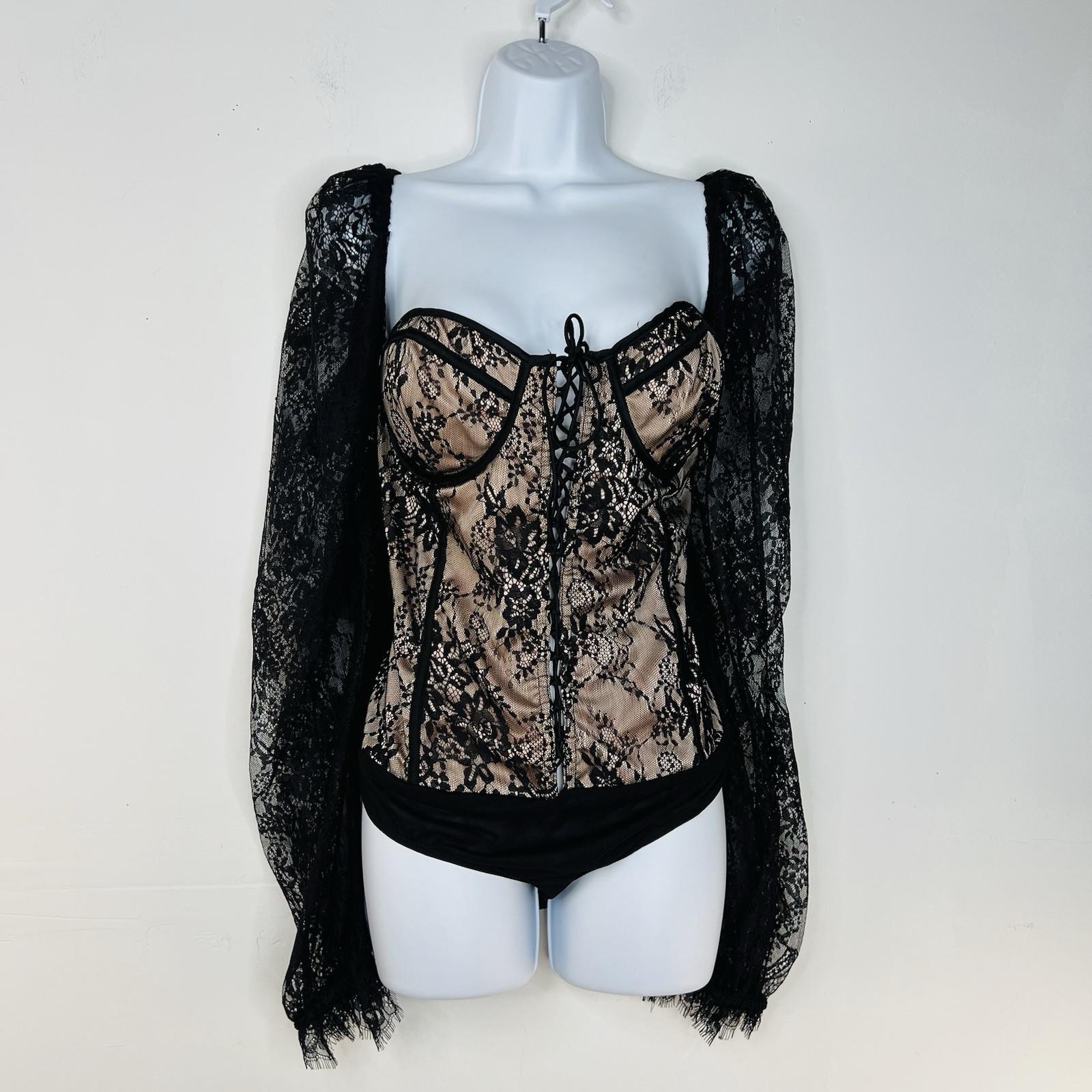 Women Lace Body Suit Corset 2X adjustable Black Long sleeve fairy gothic grunge