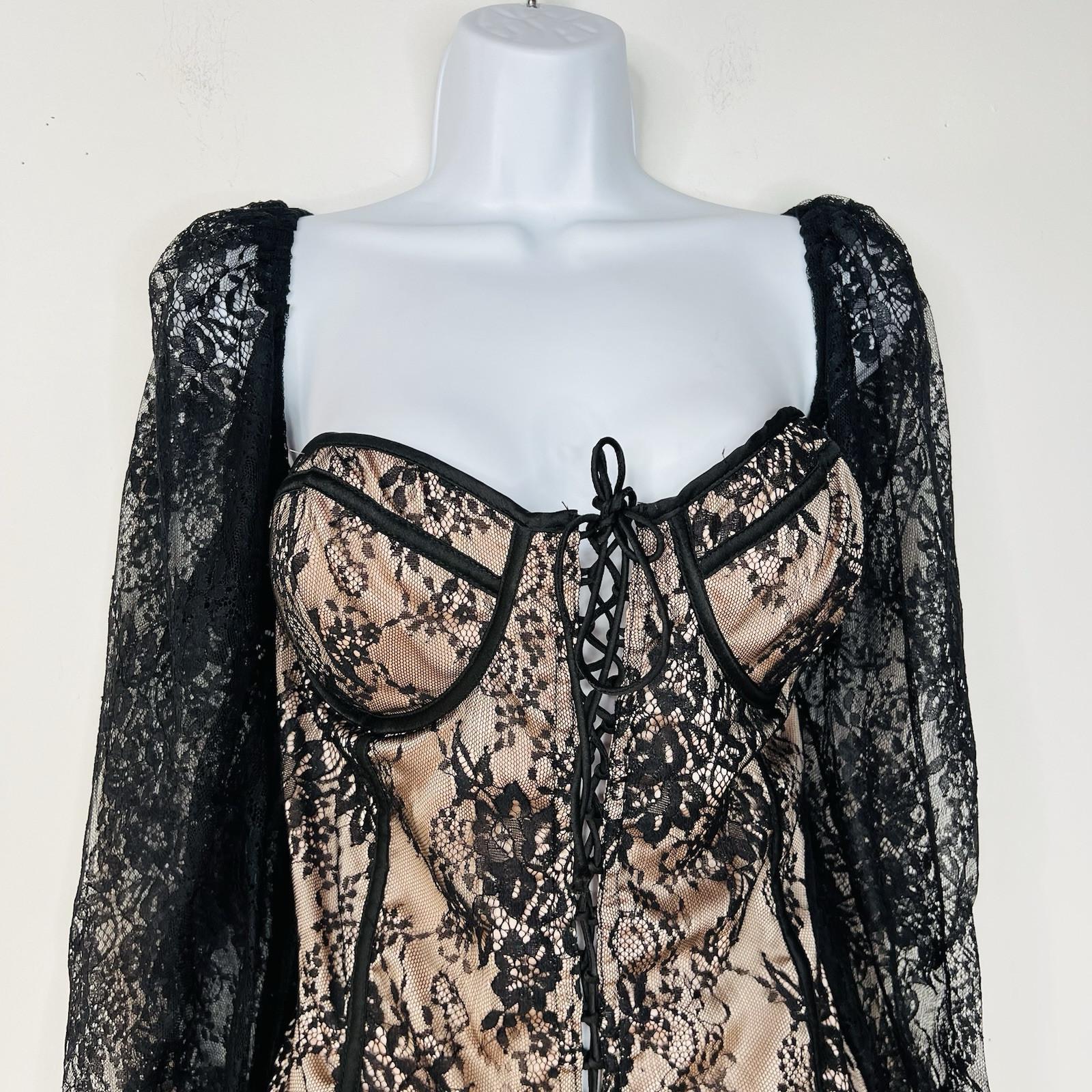 Women Lace Body Suit Corset 2X adjustable Black Long sleeve fairy gothic grunge