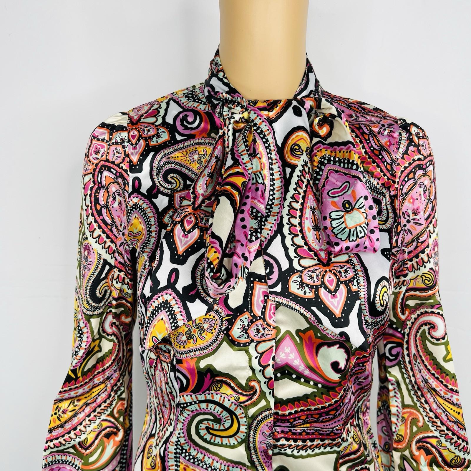Hawes & Curtis Pink Floral Paisley Pussybow Blouse Size 6 Fitted Satin Feminine