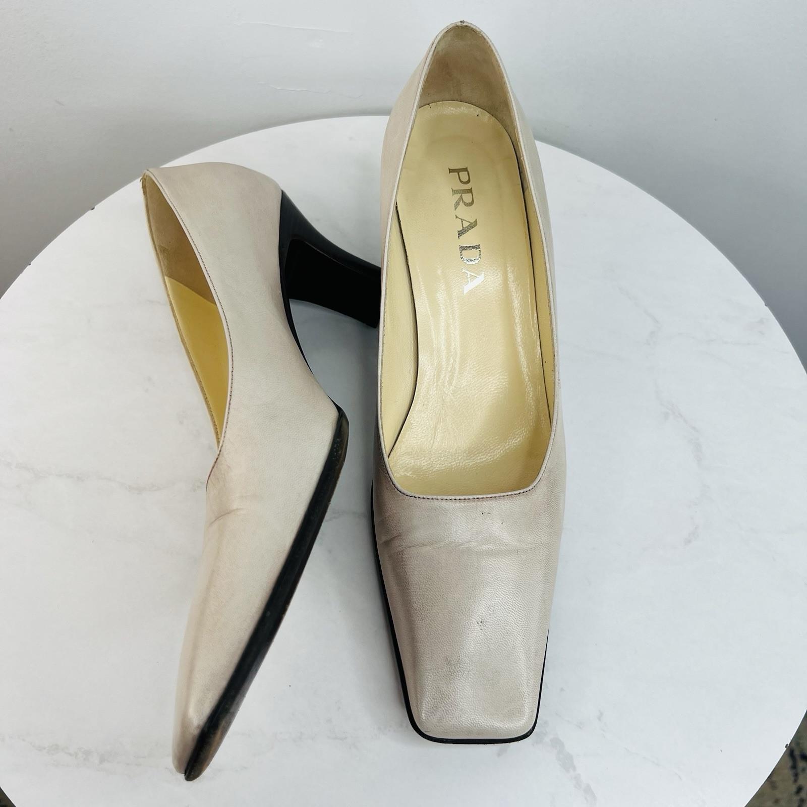 Prada Vintage Leather Square Toe Slip On Taupe Tan Size 38.5 Pumps Old Money