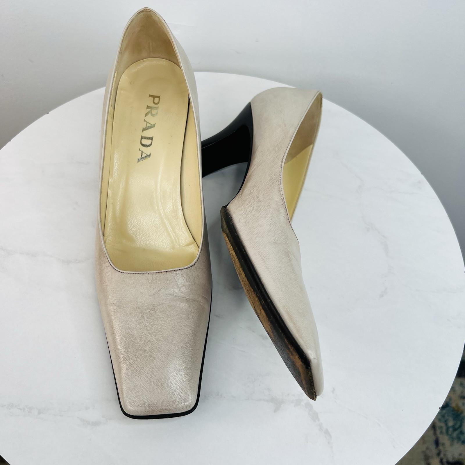 Prada Vintage Leather Square Toe Slip On Taupe Tan Size 38.5 Pumps Old Money