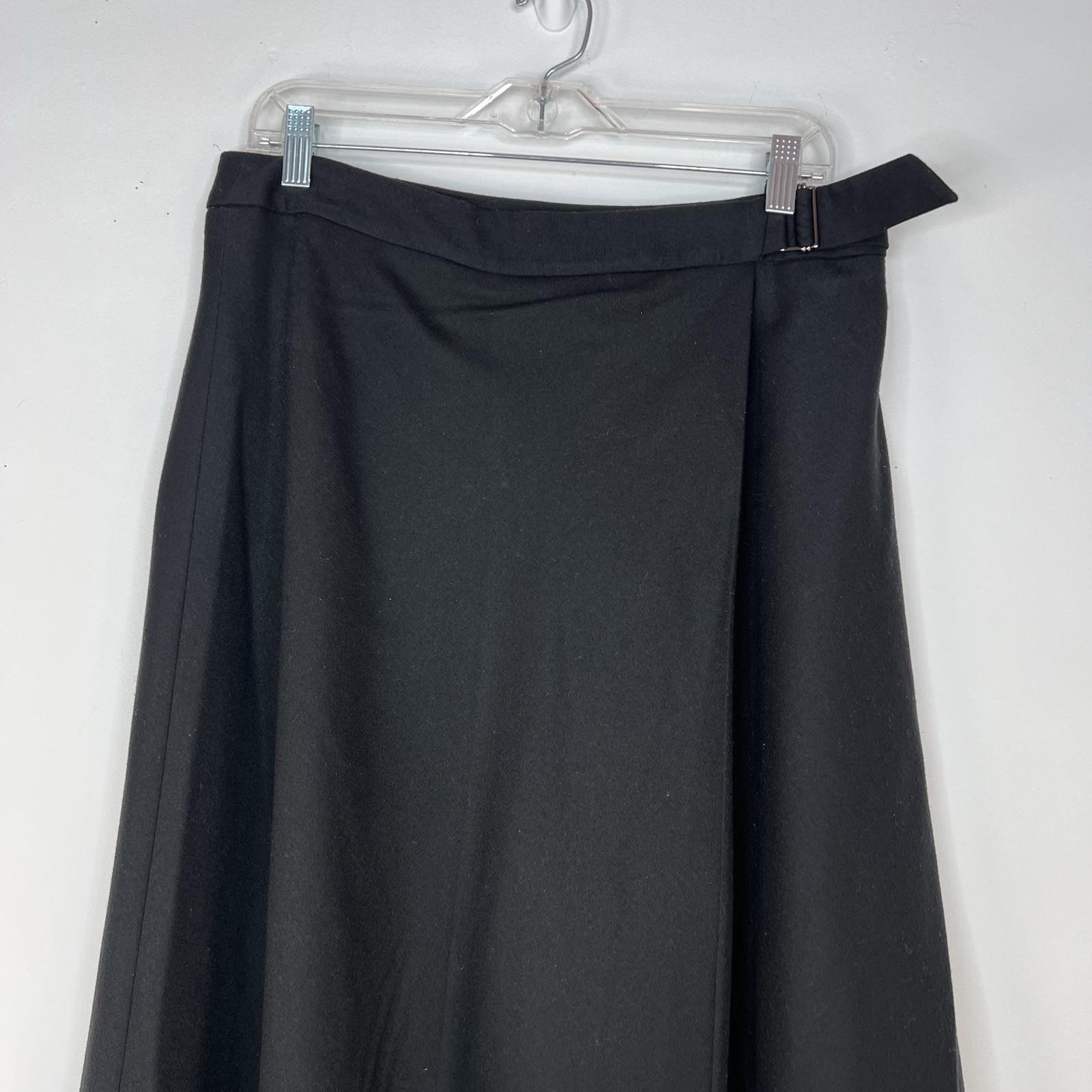 Talbots Italian Flannel Faux Wrap Skirt Size 10 Black Flared Midi Modest Preppy