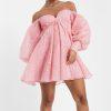 Asos Edition Organza Mini Dress 12 Pink Off Shoulder Bubble Sleeve Pleated Prom
