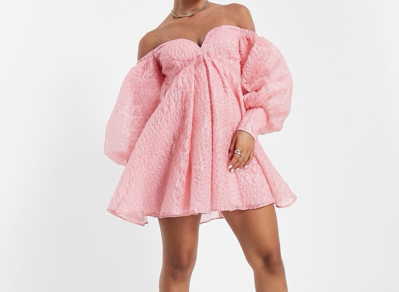 Asos Edition Organza Mini Dress 12 Pink Off Shoulder Bubble Sleeve Pleated Prom