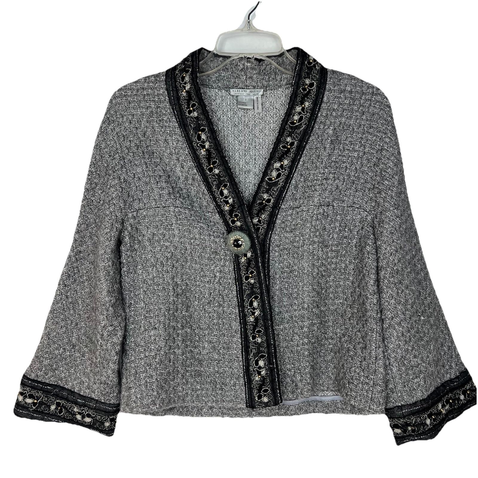 Alberto Makali Knit Sweater Jacket Size S Gray V Neck Art to Wear Cozy Warm