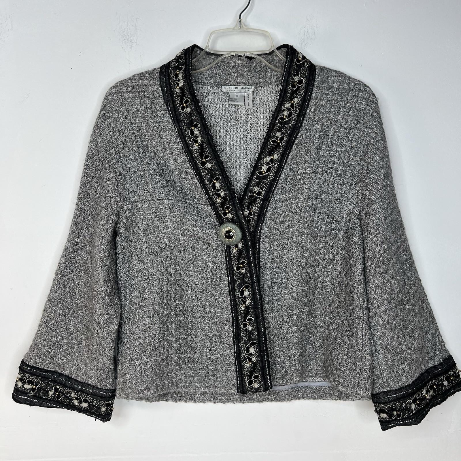 Alberto Makali Knit Sweater Jacket Size S Gray V Neck Art to Wear Cozy Warm