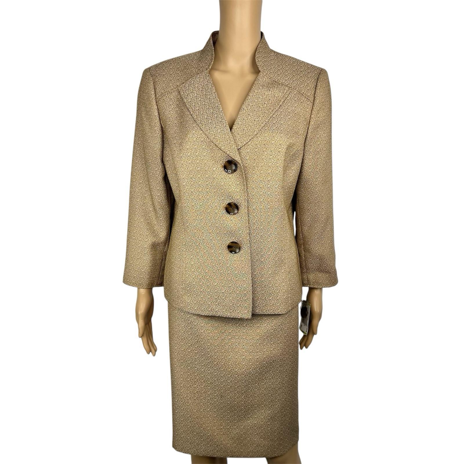 Kasper Fair Lakes Skirt Suit Size 14 Mustard Multi Collared Classic Timeless 2PC