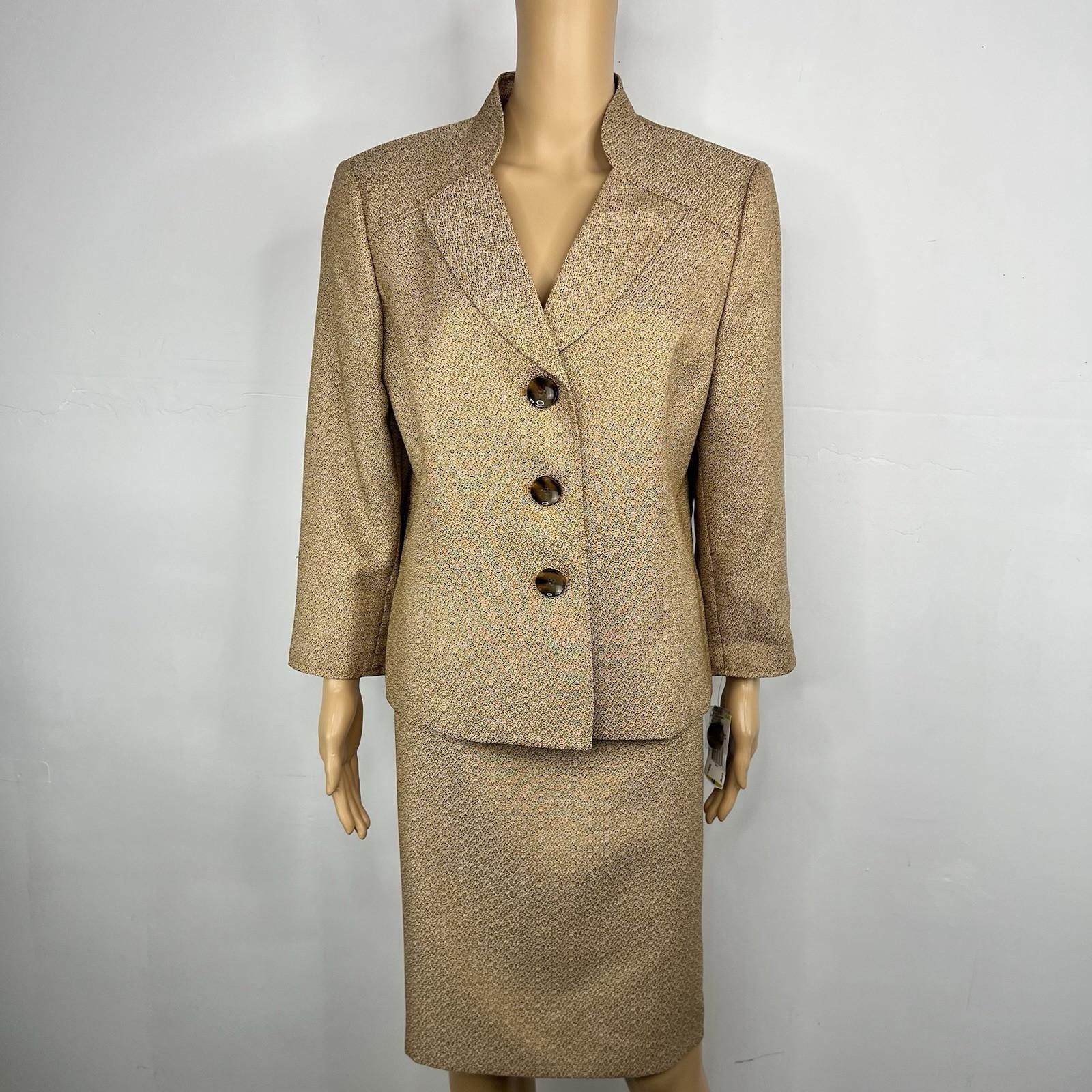 Kasper Fair Lakes Skirt Suit Size 14 Mustard Multi Collared Classic Timeless 2PC