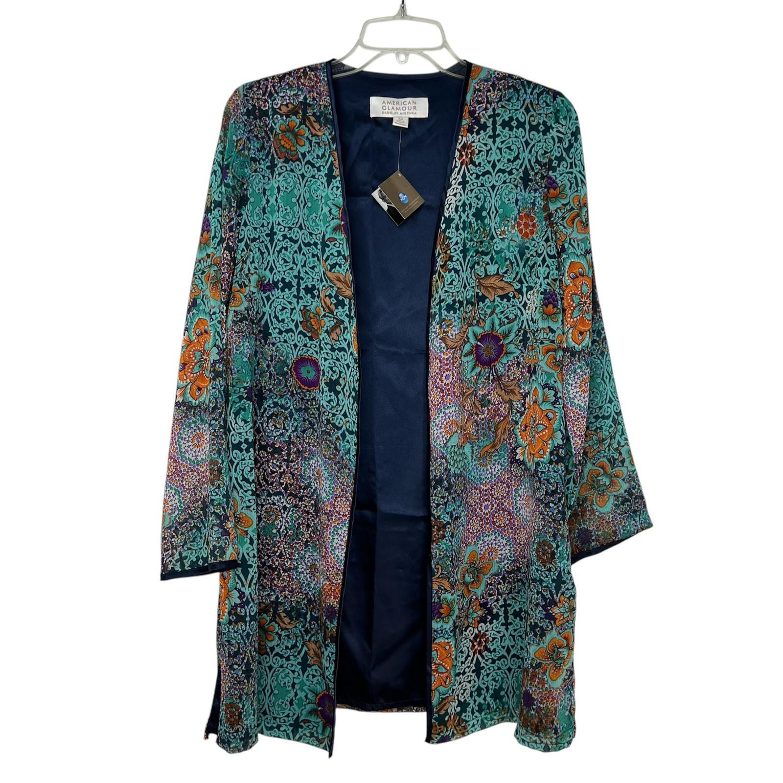American Glamour Badgley Mischka Cardigan M Green Floral Tunic Casual Open Front