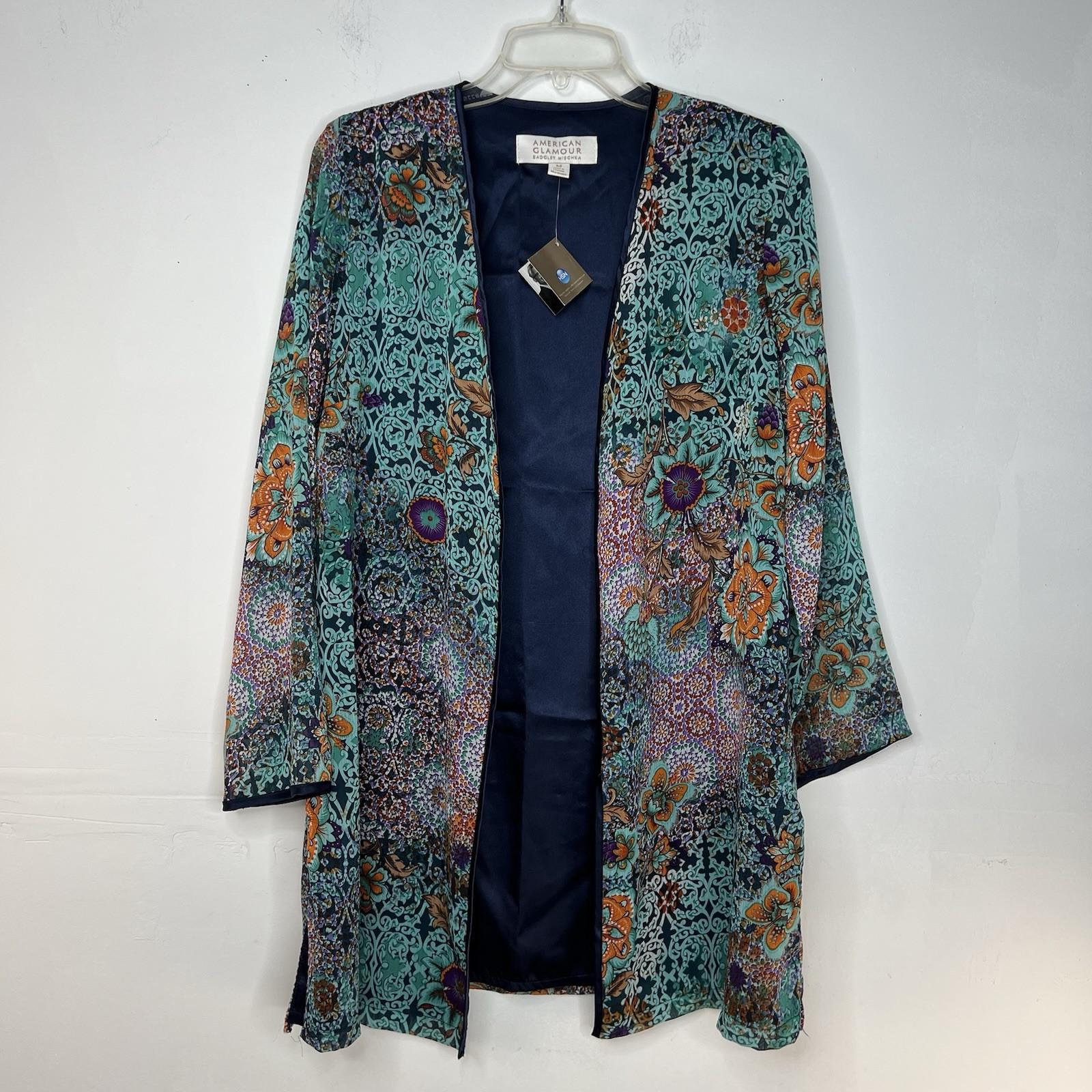 American Glamour Badgley Mischka Cardigan M Green Floral Tunic Casual Open Front