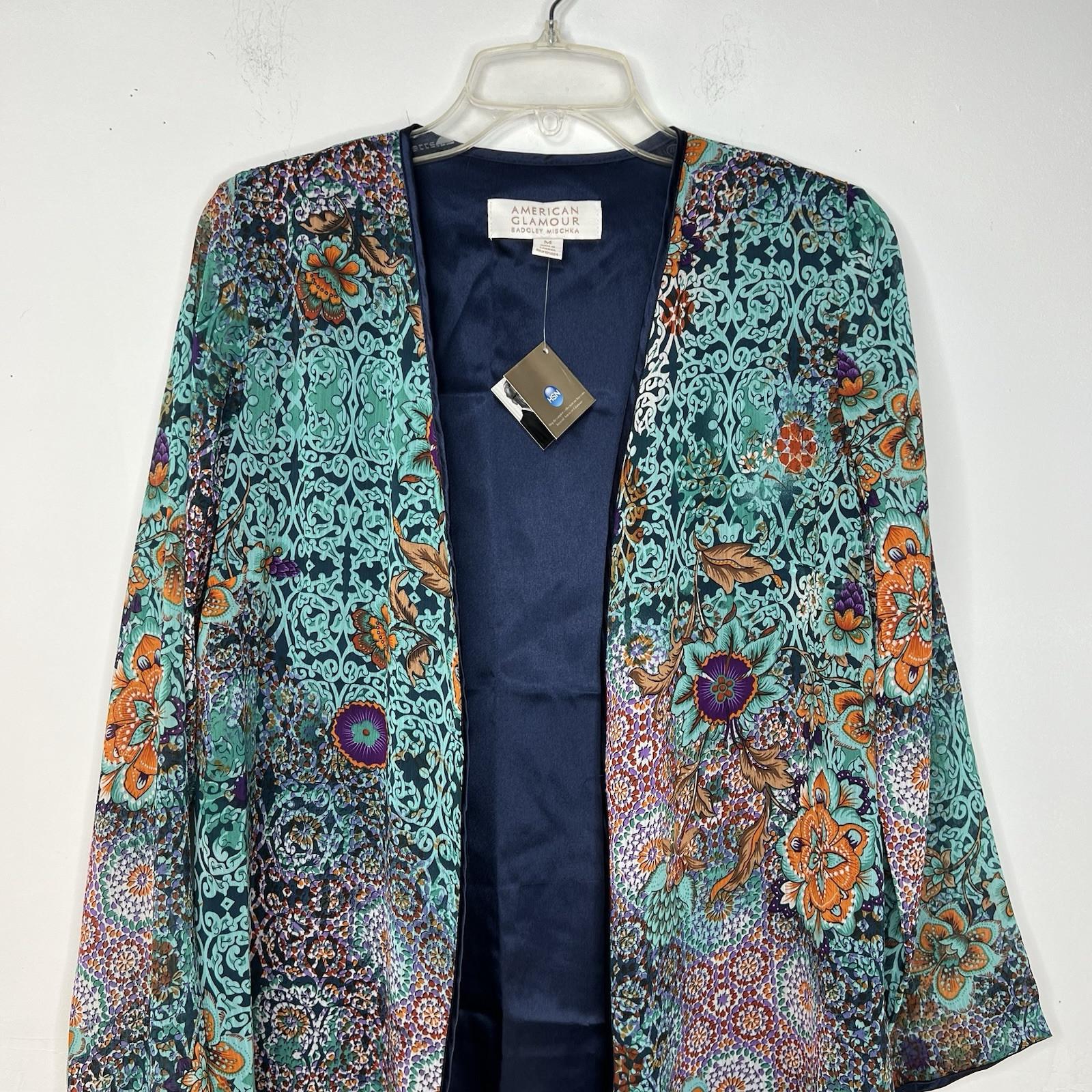 American Glamour Badgley Mischka Cardigan M Green Floral Tunic Casual Open Front