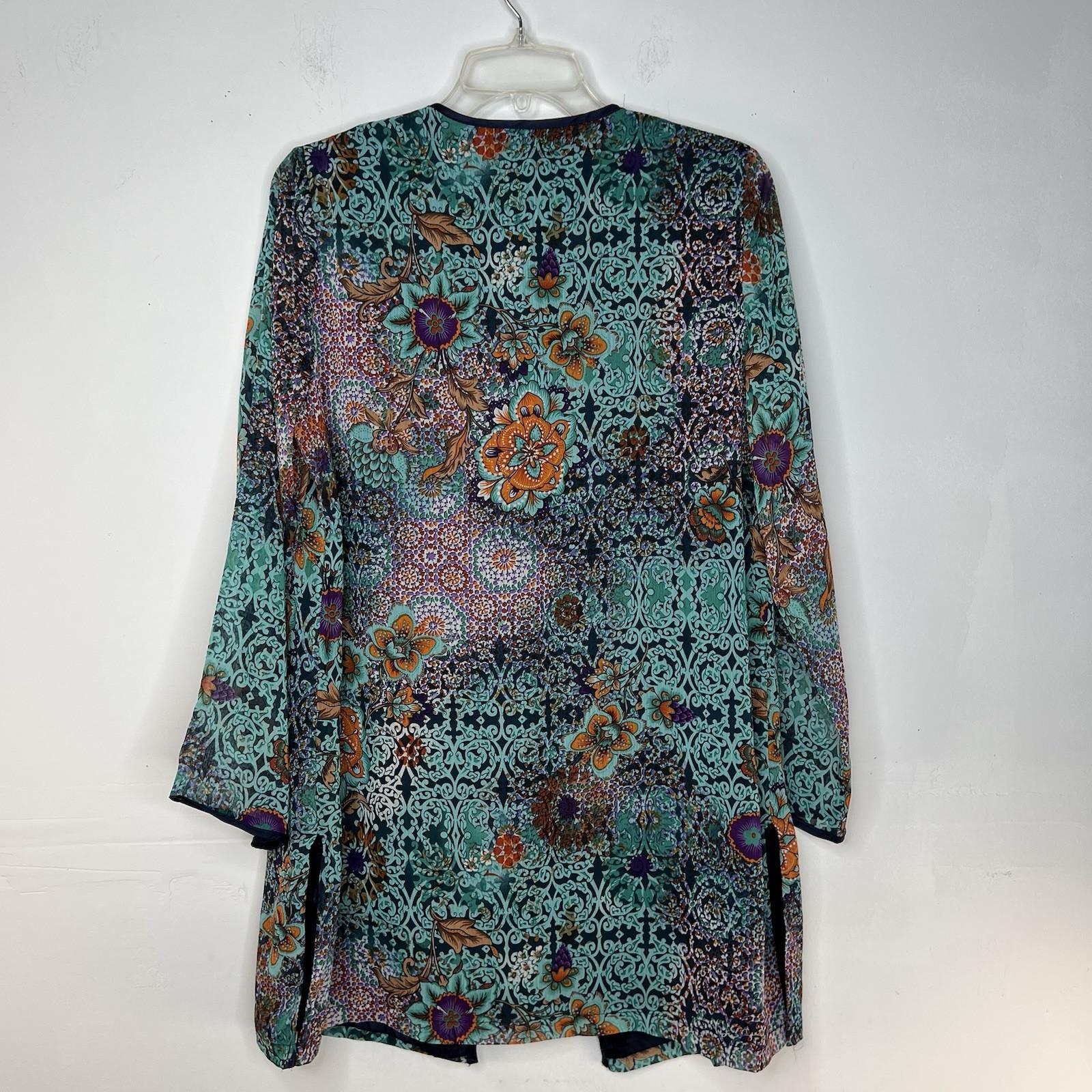 American Glamour Badgley Mischka Cardigan M Green Floral Tunic Casual Open Front