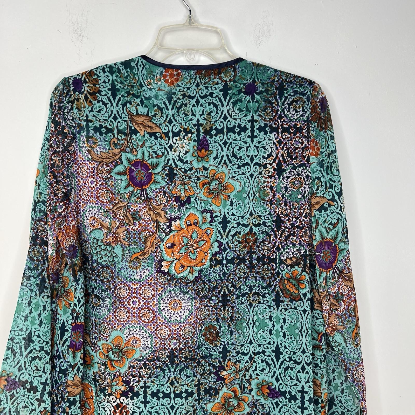 American Glamour Badgley Mischka Cardigan M Green Floral Tunic Casual Open Front