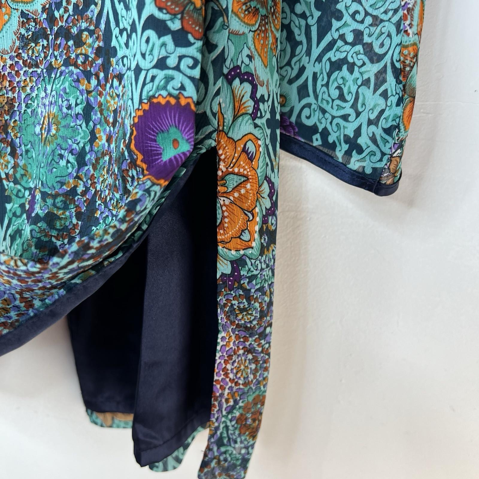 American Glamour Badgley Mischka Cardigan M Green Floral Tunic Casual Open Front