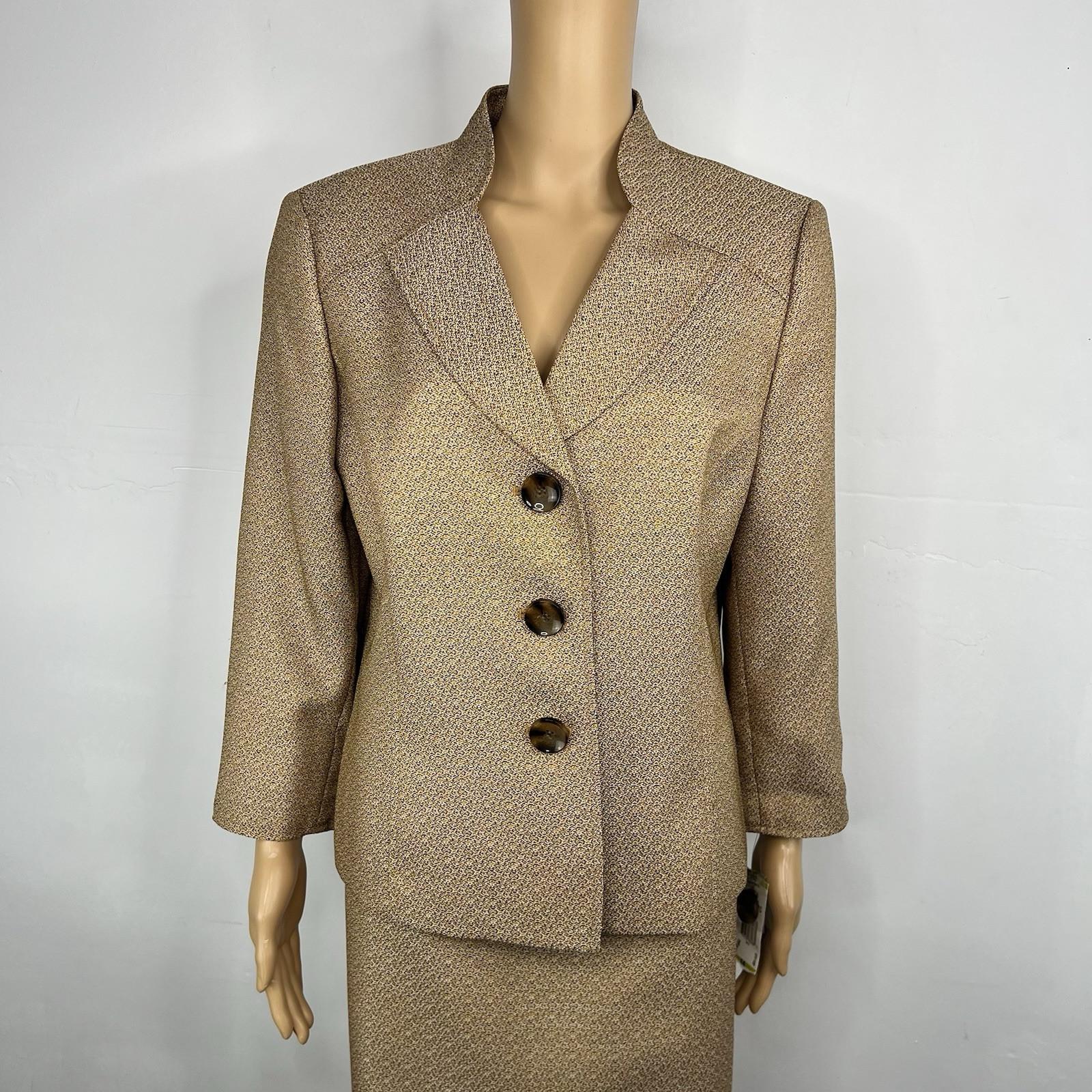 Kasper Fair Lakes Skirt Suit Size 14 Mustard Multi Collared Classic Timeless 2PC
