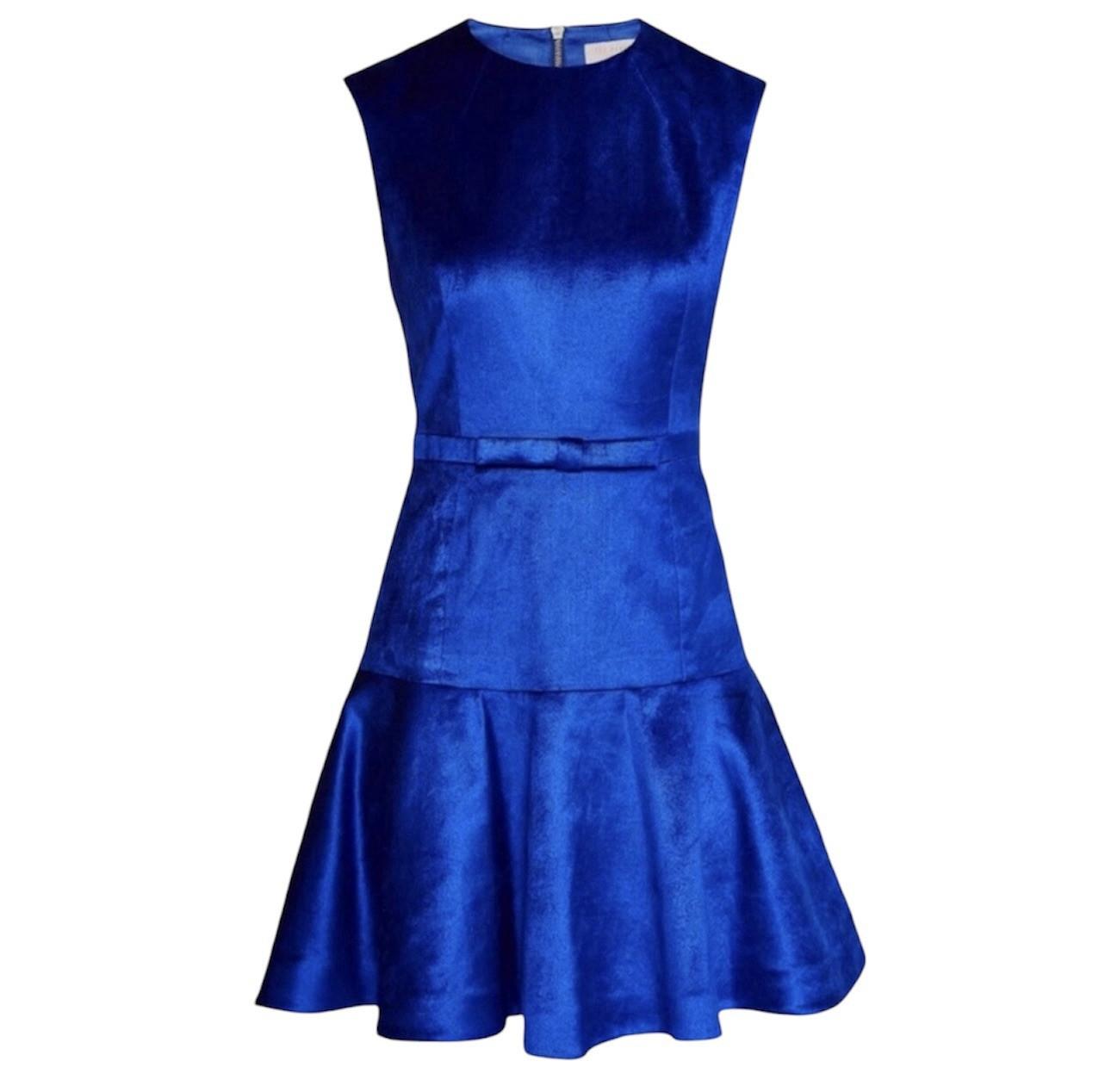 Ted Baker Maryann Blue Velvet Dress Size 4 Ruffle Bow Mini Luxurious Flared New